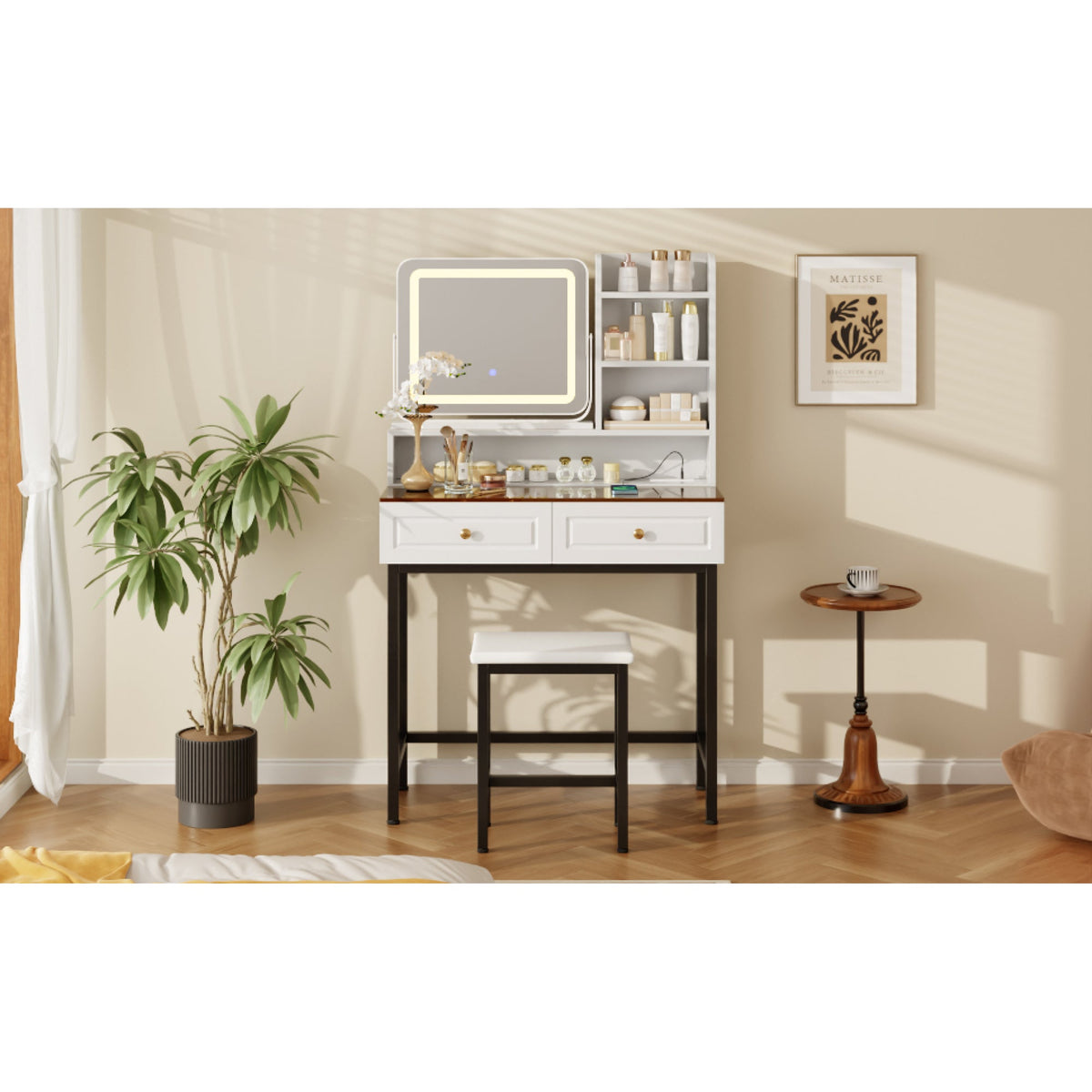 Roomfitters Makeup Vanity with LED Lighted Mirror, Glass Top, Charging Station and Storage Hutch, Vanity Table Set, Black+White Roomfitters