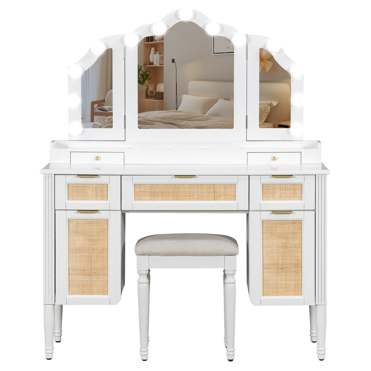 Roomfitters 44.37" Makeup Vanity with Lighted Tri-fold Mirror, French Vintage Rattan Dressing Table, Drawers and Stool, White Roomfitters