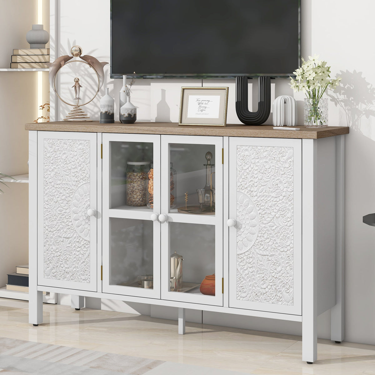 Roomfitters Retro TV Stand for up to 43 Inch TV, Media Console with Glass Cabinet Doors and Anti-Tip Safety Feature, White Roomfitters