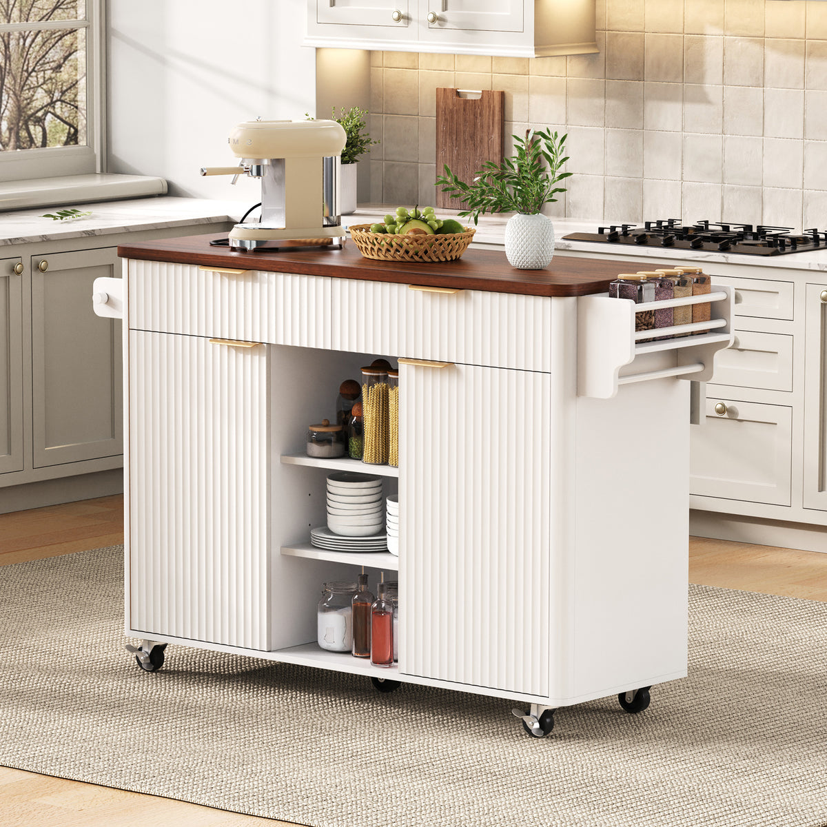 variant-group:rf-n707s000019w|Roomfitters 52" Fluted Kitchen Island with Drop Leaf, Power Outlet & Walnut Wood-Grain Top, White