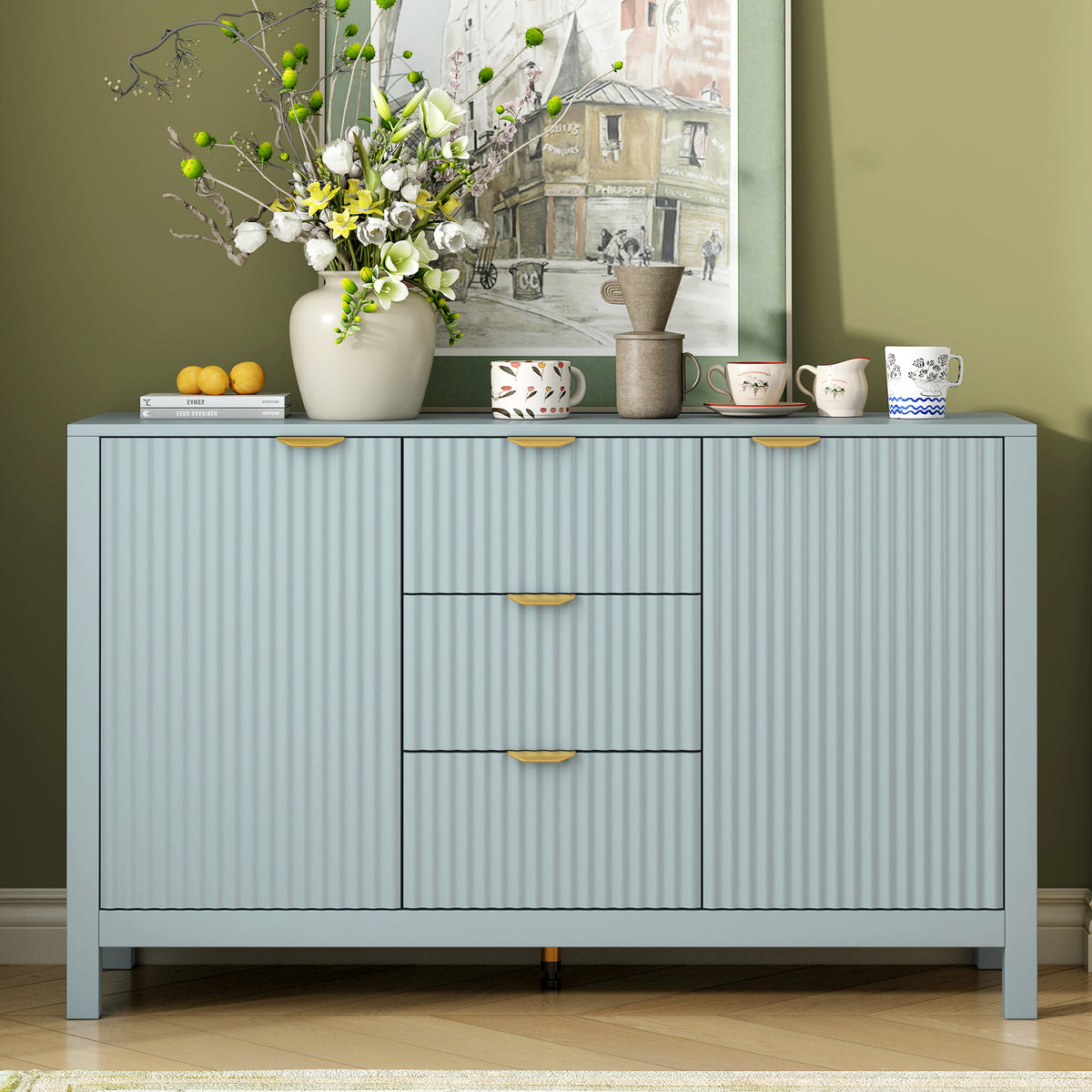 variant-group:rf-n711p269066c|Roomfitters Sideboard Buffet Cabinet with 3 Drawers, Mid-century Modern Fluted Accent Storage for Kitchen & Dining, Cyan
