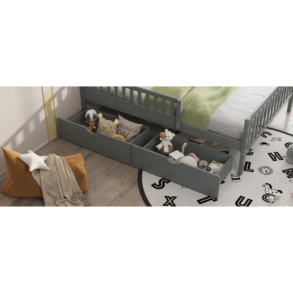 variant-group:rf-n733p172700e|Roomfitters Full Size Wood Platform Bed with Guardrails and Two Storage Cabinets, Grey