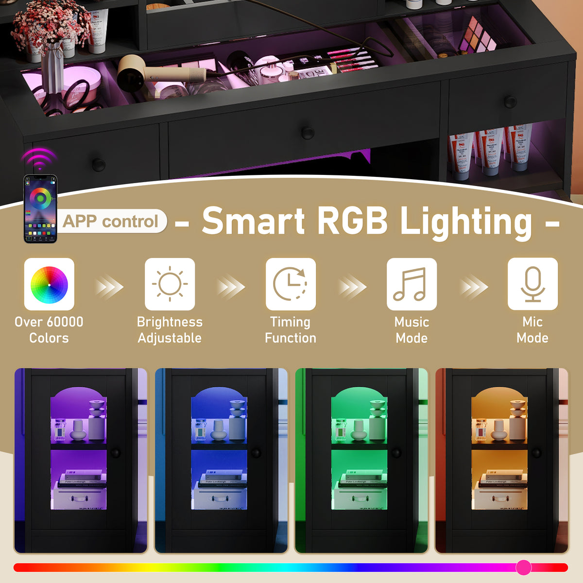 variant-group:rf-n704p407114b|Roomfitters 43.2" Makeup Vanity Desk with LED Lighted Mirror, Glass Door Cabinets, Charging Station and Stool, Black