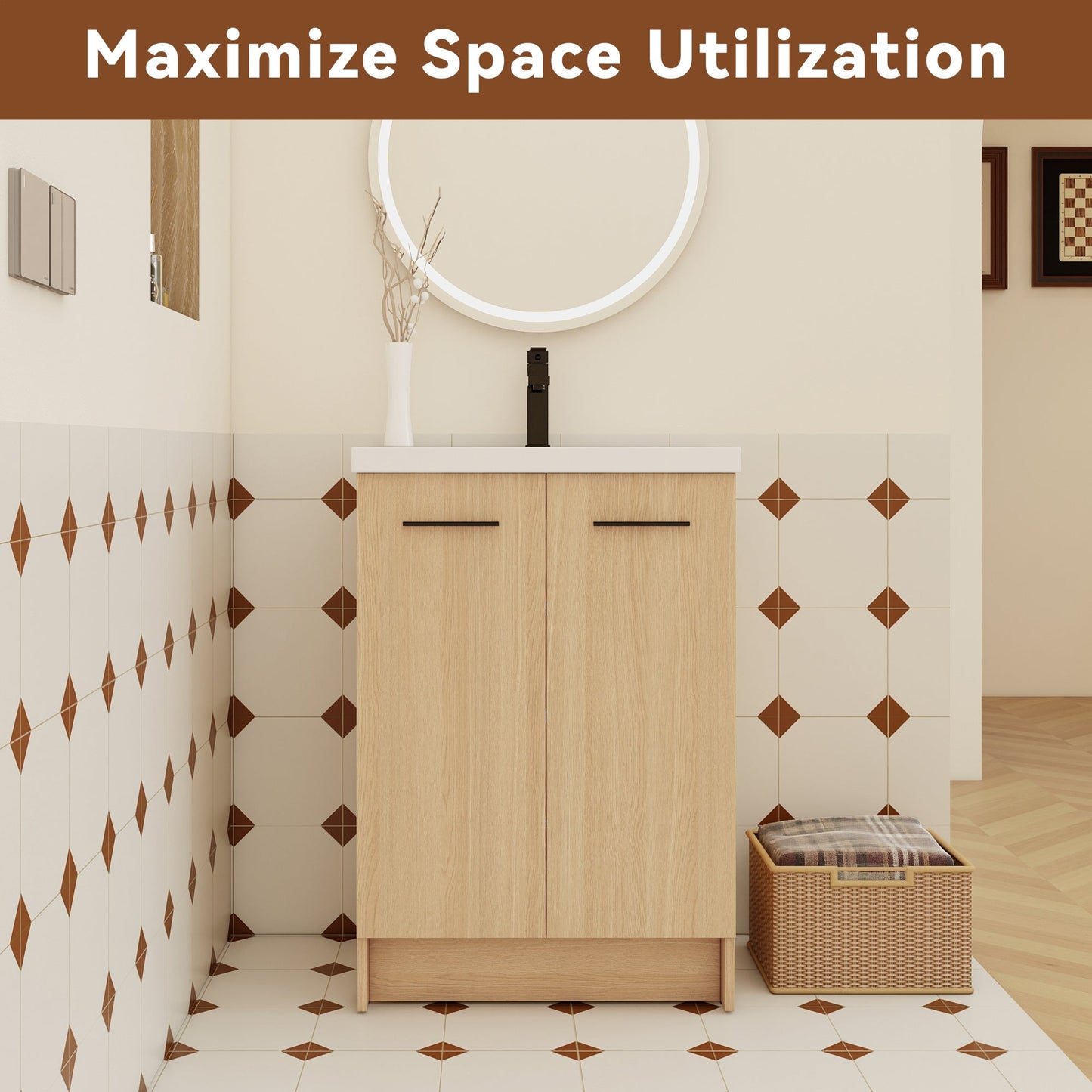 24" Freestanding Bathroom Vanity with Resin Sink, Light Oak, Double Door Storage, KD (Ready-to-Assemble), Includes Black & Brushed Aluminum Handles Roomfitters