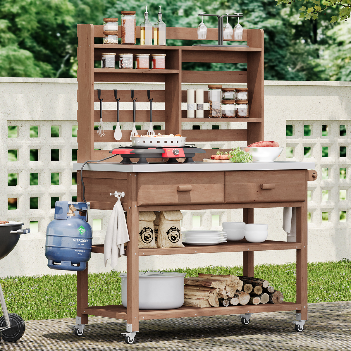 variant-group:rf-n707p228274z|Roomfitters 64.9" Outdoor Potting Bench Table, Rolling Kitchen Island with Hutch, Stainless Steel Top, Storage, Brown