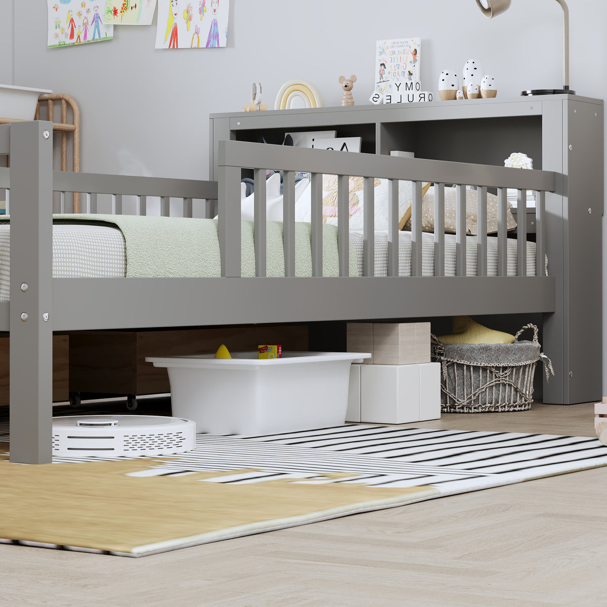 variant-group:rf-n733p272374e|Roomfitters Twin Bed with Headboard Storage Rack, Under-Bed Storage and Three-Side Guardrails, Gray