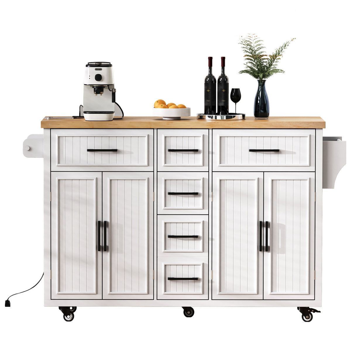 Roomfitters 56.5" Kitchen Island with Drop Leaf, Rolling Kitchen Cart with 5 Storage Drawers, Spice Rack & Towel Holder, White