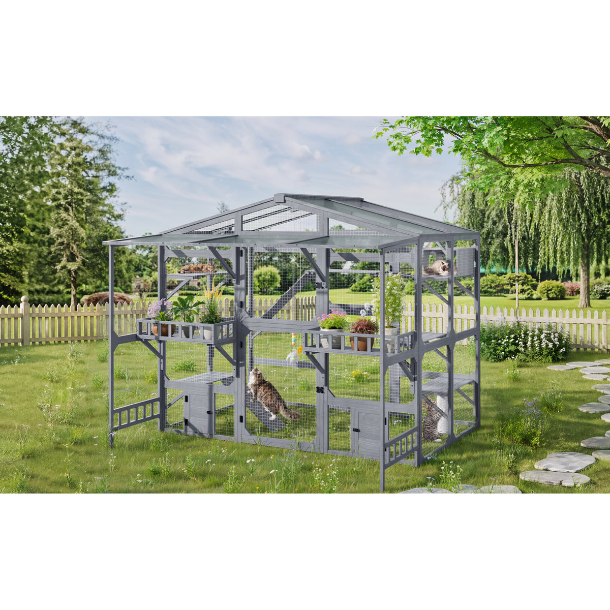 variant-group:rf-n704g201620e|Roomfitters Extra Large Wood Catio Cat Cage Outdoor Kennel with Transparent Sunroof and Dual Storage Shelves Gray