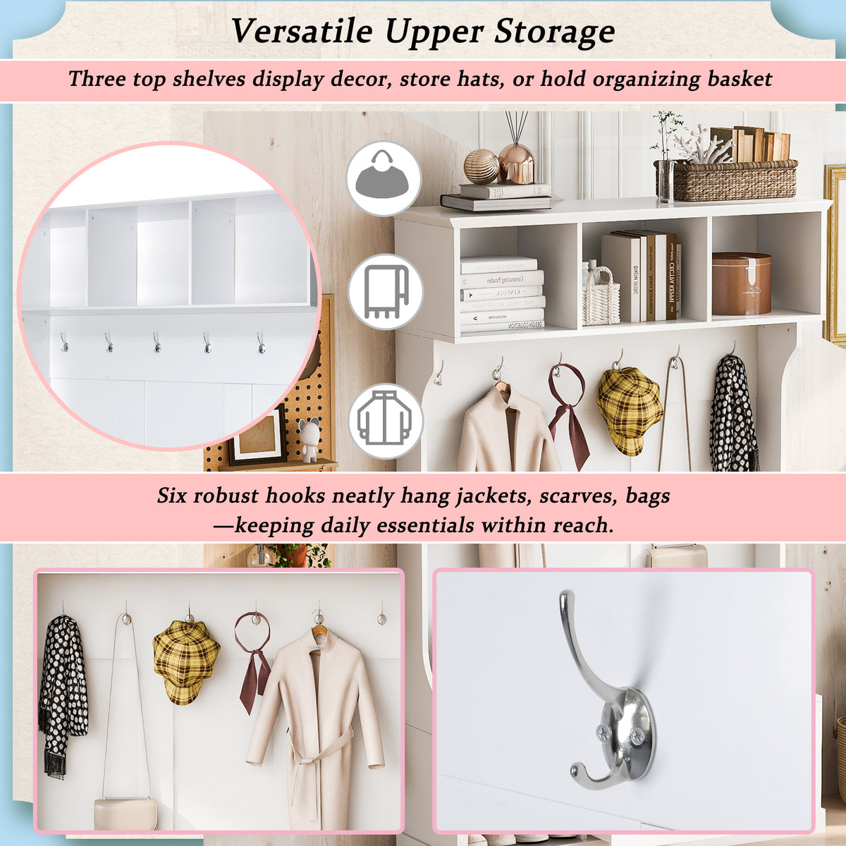variant-group:rf-n724p264673k|Roomfitters 3-in-1 Hall Tree with 6 Hooks, Coat Rack and Entryway Bench, 57" Organizer with Drawer for Hallway or Living Room, White