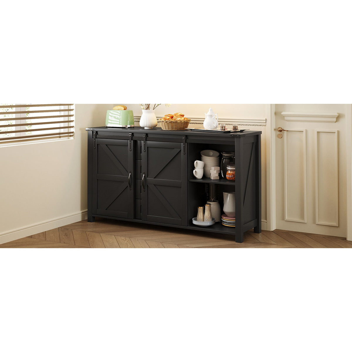 variant-group:rf-n711p347377b|Roomfitters 55.1" Storage Cabinet with 4 Drawers and Sliding Barn Doors, Farmhouse Sideboard Buffet for Kitchen & Dining, Black