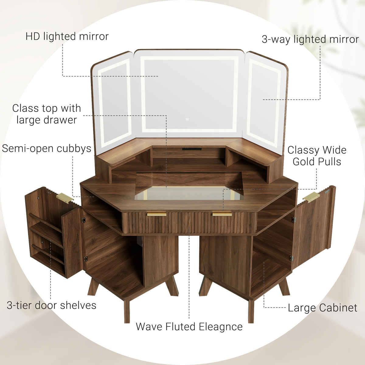 variant-group:rf-n704p392485p|Roomfitters 47.2" Corner Makeup Vanity Desk with 3-Panel LED Mirror, Glass Top, Charging Station and Storage Hutch, Walnut