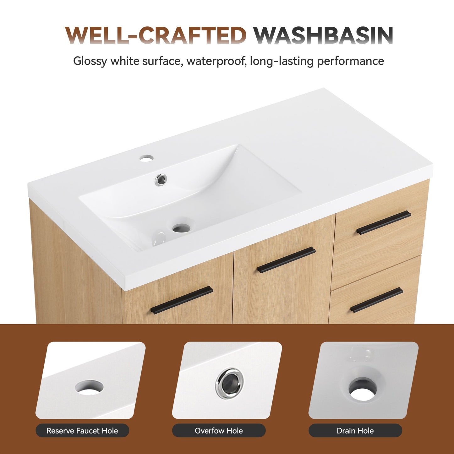 36" Wall-Mounted Floating Bathroom Vanity with Sink, Light Oak, 2-Door & 2-Drawer Modular Cabinet, Gel Coat Sink Top, 3 Boxes Roomfitters