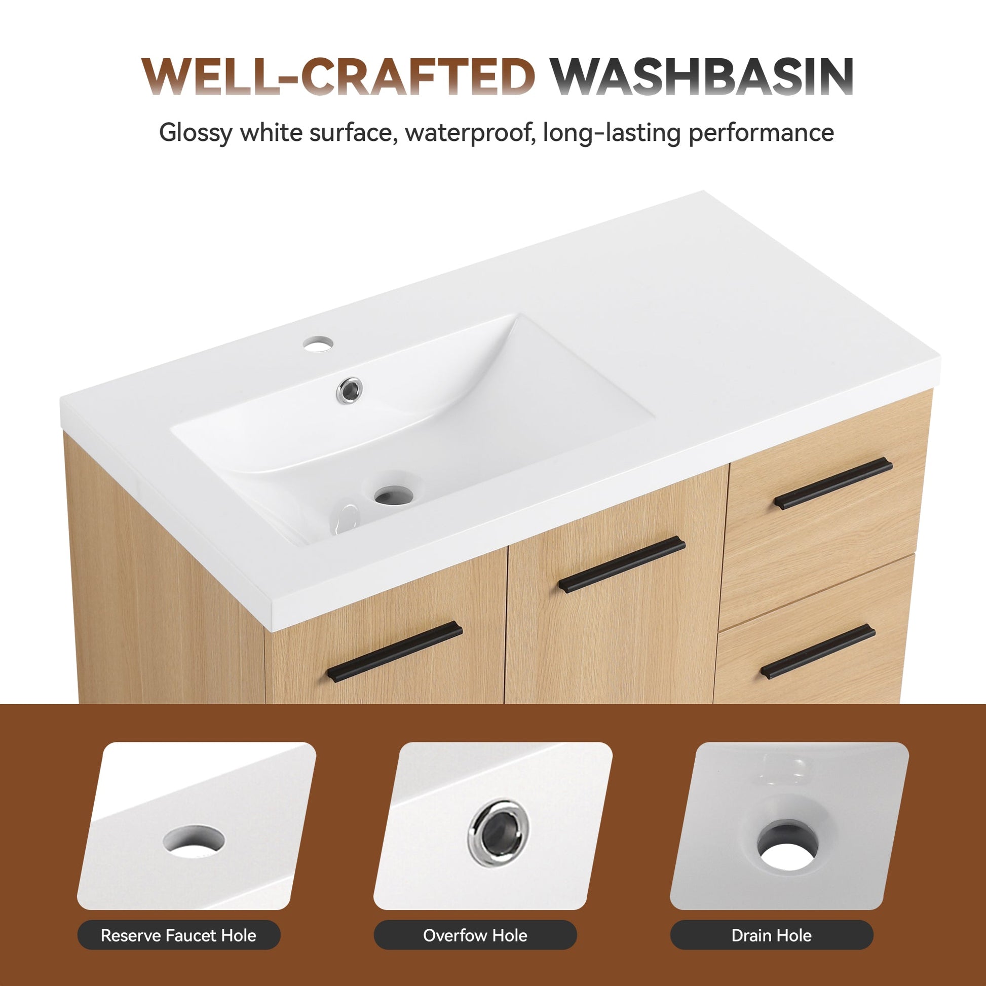 36" Wall-Mounted Floating Bathroom Vanity with Sink, Light Oak, 2-Door & 2-Drawer Modular Cabinet, Gel Coat Sink Top, 3 Boxes Roomfitters