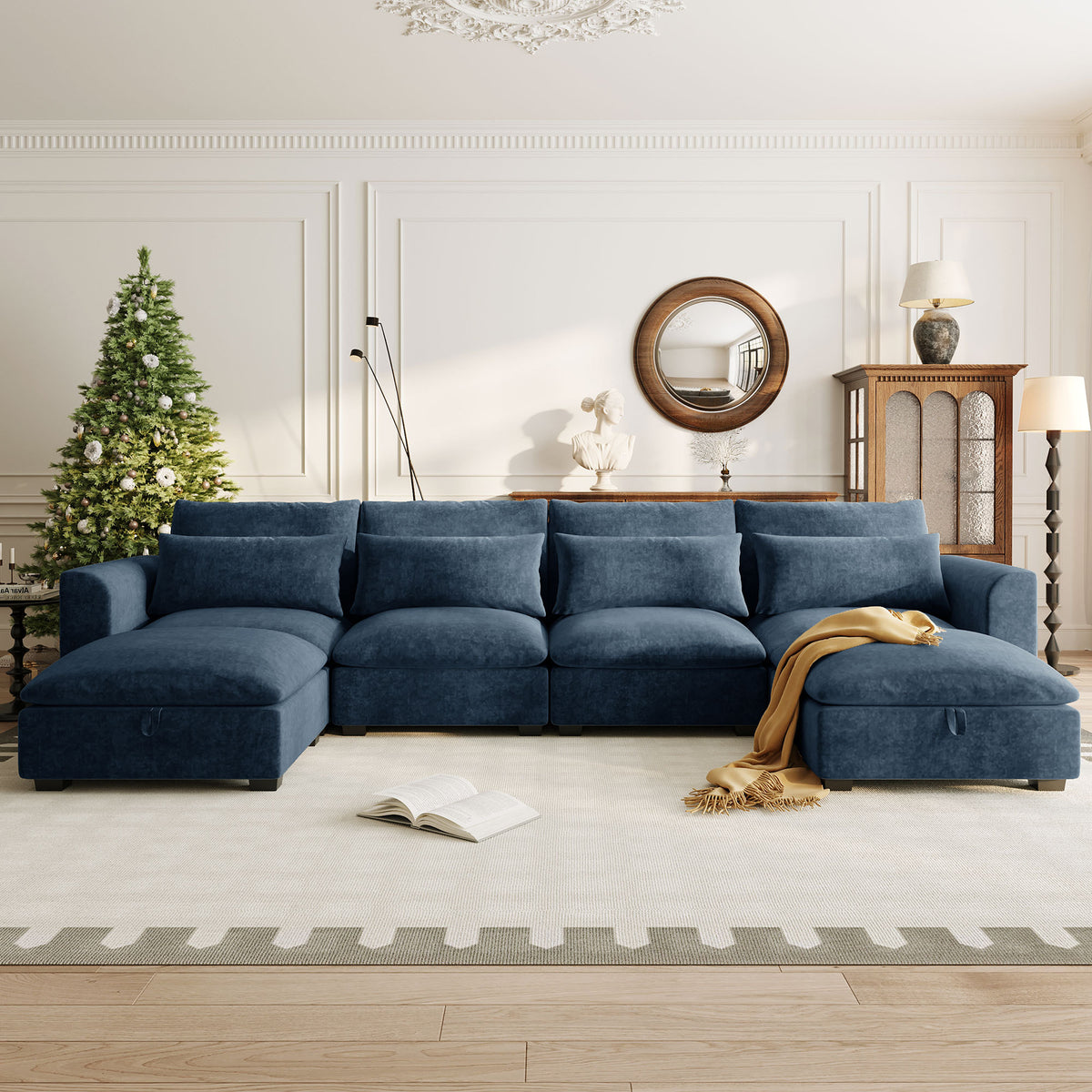 variant-group:rf-n711wy000491aac|Roomfitters 131.3-Inch Modern U-Shaped Sectional Sofa, 6-Seater Linen Blend Couch, 2 Storage Ottomans, Pit Lounge, Dark Blue