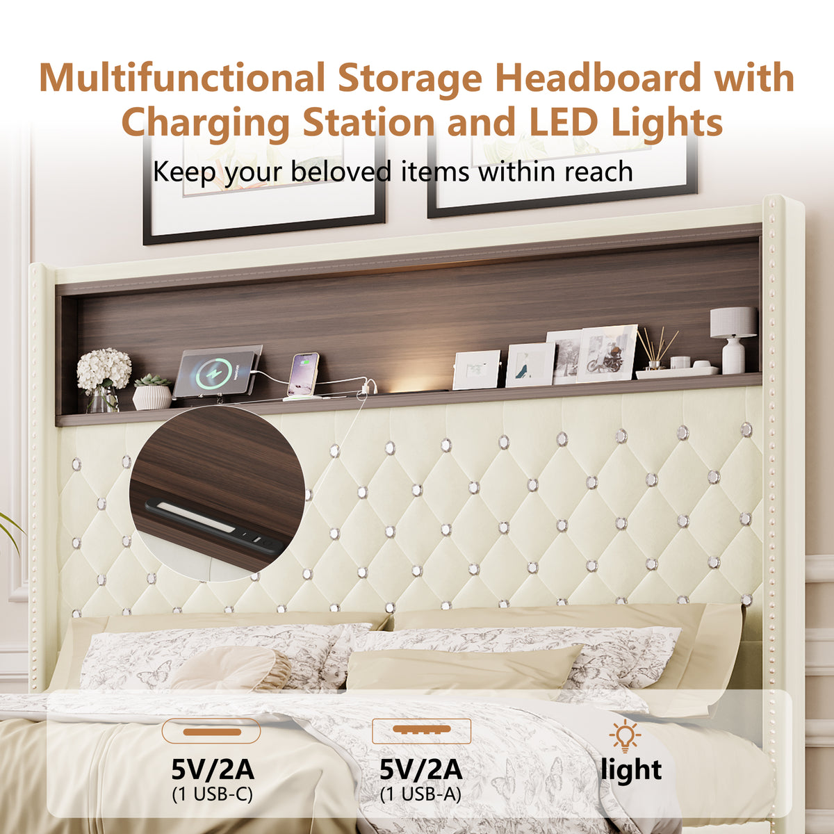 variant-group:rf-n733p368653a|Roomfitters Full Velvet Tufted Platform Bed with Charging Ports, Tall Wingback Headboard with Rivet Trim and Shelf, Beige