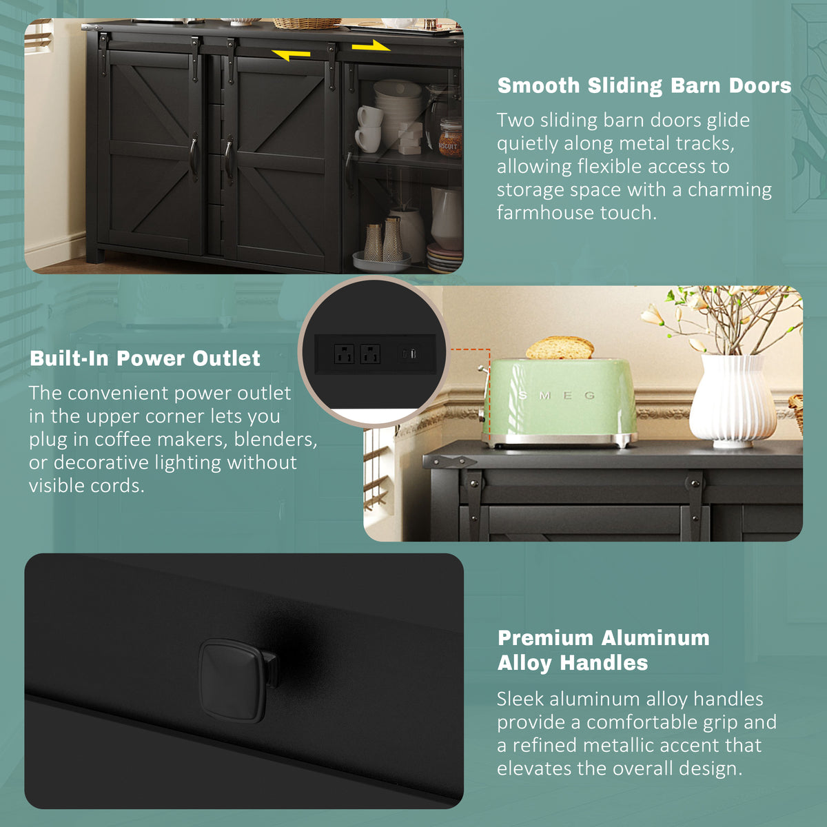 variant-group:rf-n711p347377b|Roomfitters 55.1" Storage Cabinet with 4 Drawers and Sliding Barn Doors, Farmhouse Sideboard Buffet for Kitchen & Dining, Black