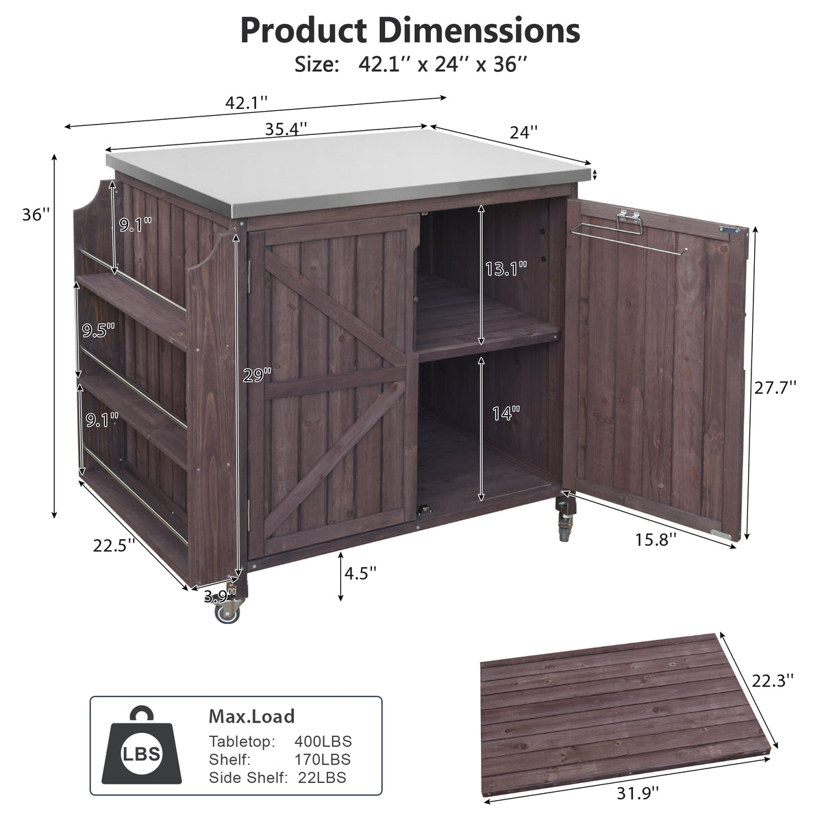 variant-group:rf-n707p370287z|Roomfitters 42.1" Grill Cart, Outdoor Kitchen Island with Stainless Steel Top, BBQ Prep Station with Spice Rack, Dark Brown