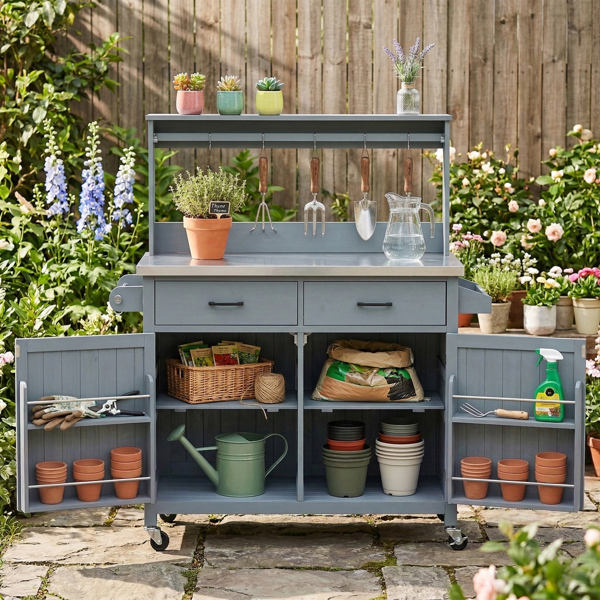 variant-group:rf-n707p409087g|Roomfitters 54.1" Grill Cart, Outdoor Kitchen Prep Station with Stainless Steel Top and Propane Tank Storage, Grey+Blue
