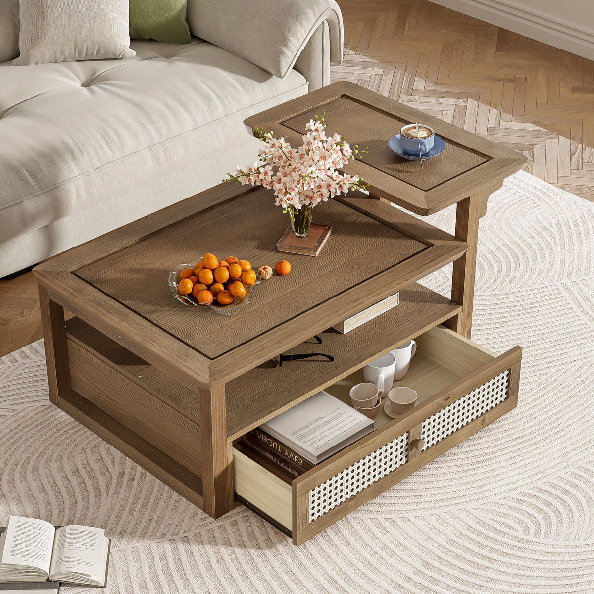 variant-group:rf-n724p232190d|Roomfitters Modern Coffee Table with Open Shelf, Dual Tabletops and Rattan Accent Storage, Walnut