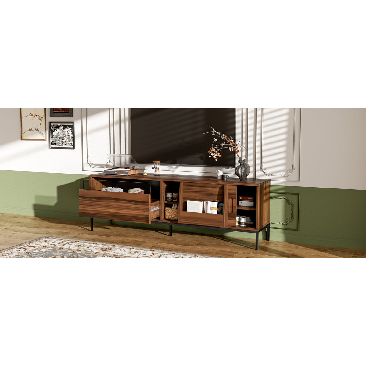 variant-group:rf-n724p360370d|Roomfitters Mid-Century Modern 70" TV Stand Console with Sliding Doors, Brown