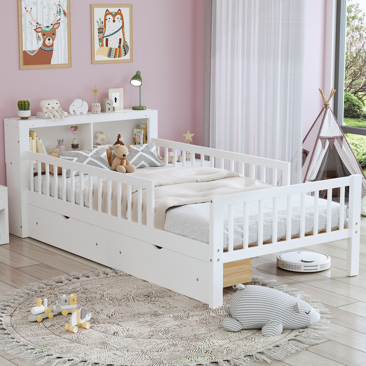 variant-group:rf-n733p272374k|Roomfitters Twin Bed with Headboard Storage Rack, Under-Bed Storage and Three-Side Guardrails, White