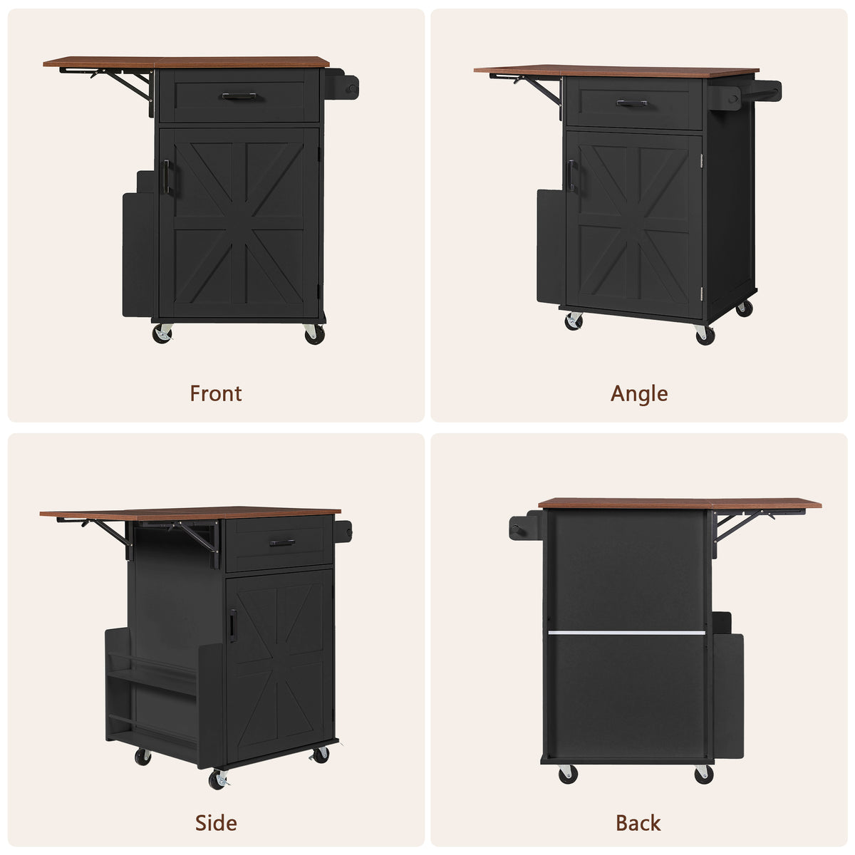 variant-group:rf-n707p404539b|Roomfitters 39.3" Kitchen Island with Drop Leaf, Rolling Kitchen Cart with Storage Drawer and Spice Rack, Modern Style, Black