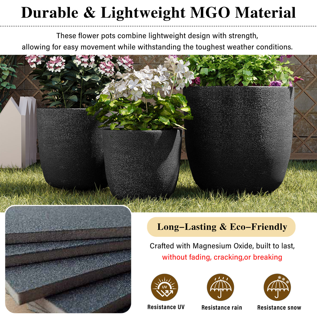 variant-group:rf-n711p406670b|Roomfitters Lightweight Matte Textured MGO Planter Set, 3-Piece Graduated Flower Pots, Black Concrete-Look Stackable