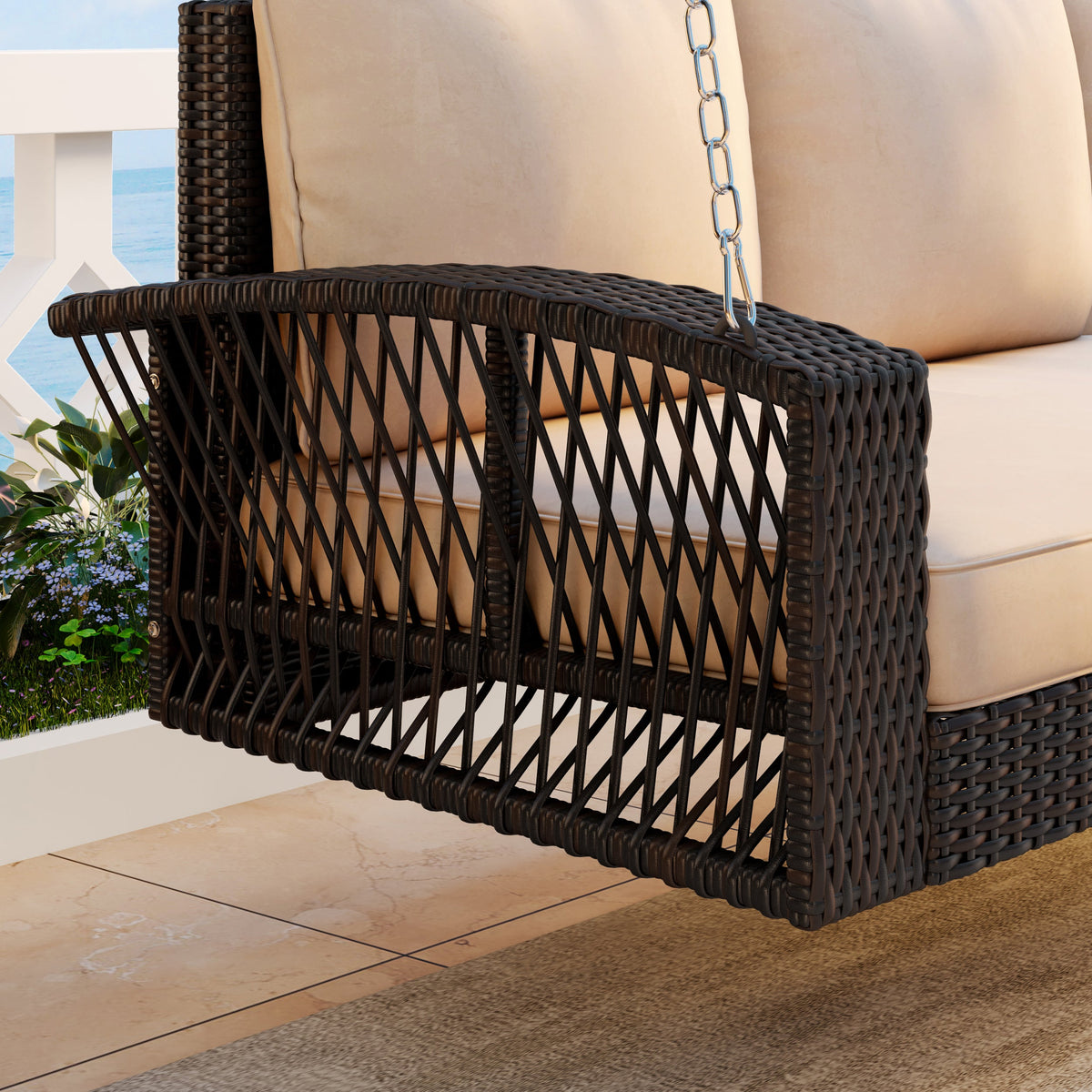 Roomfitters 69" PE Wicker 3-Person Porch Swing, Large Patio Swing Bench with Chains & Cushions, Backyard & Garden, Brown Roomfitters
