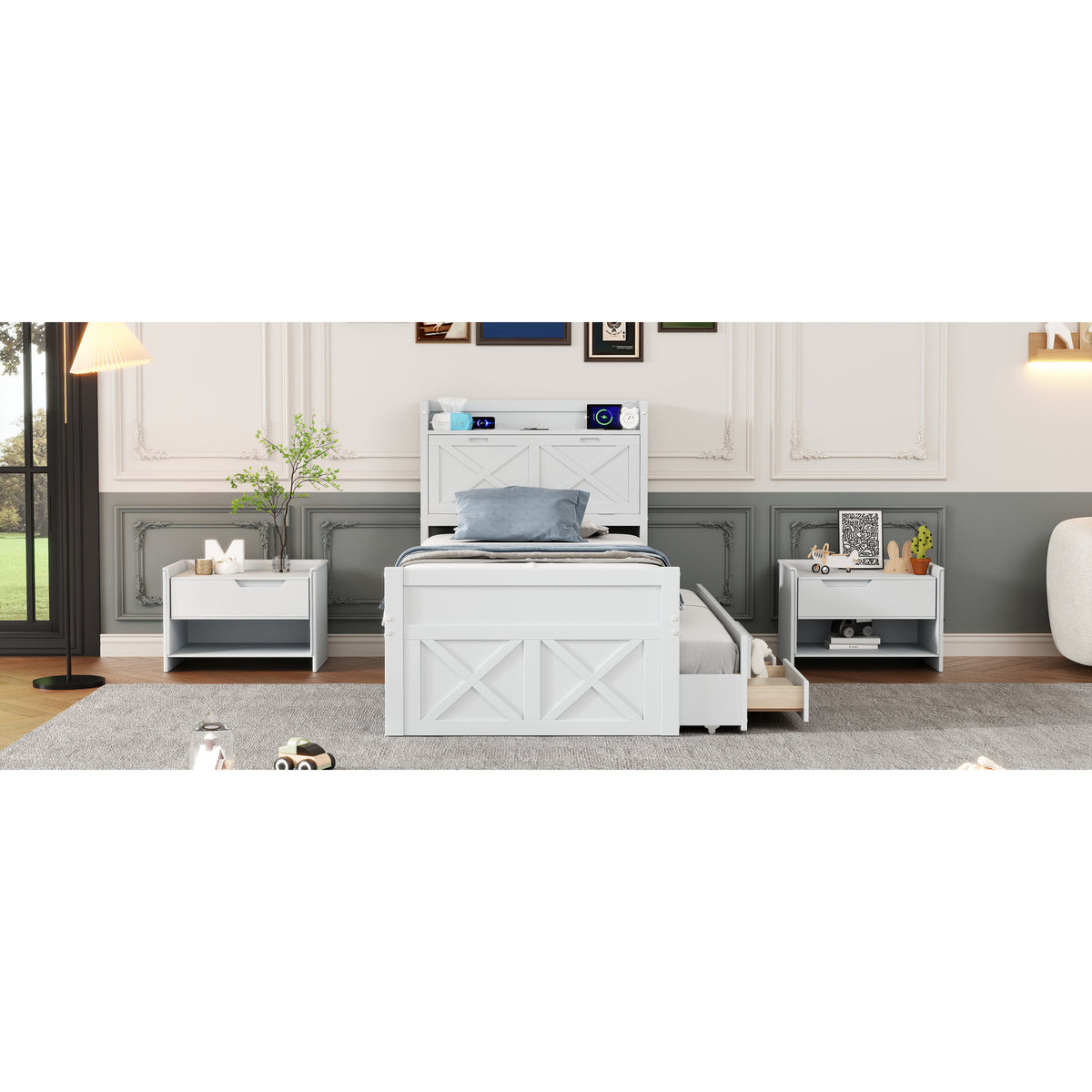 variant-group:rf-n733s172839k|Roomfitters Twin Size Wooden Bed with Storage Headboard, Functional Outlets, Extendable Frame with Twin Trundle and Smart Storage, White