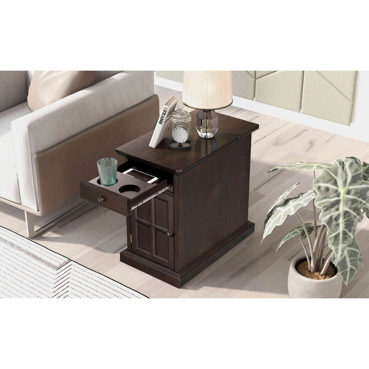 variant-group:rf-n724p185778p|Roomfitters Vintage End Table with USB Ports, Cup Holders and Multifunctional Storage for Living Room, Espresso