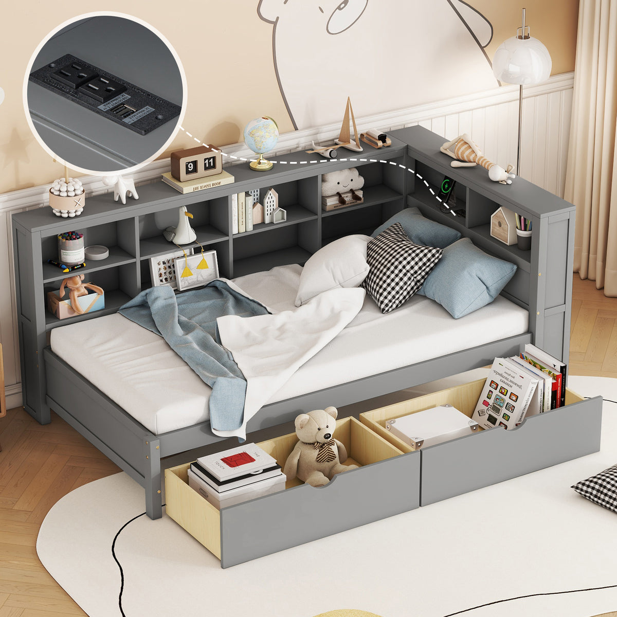 variant-group:rf-n733s347768e|Roomfitters Wooden Twin Daybed with Underbed Storage, Built-In Shelf & USB Charging Ports, Gray