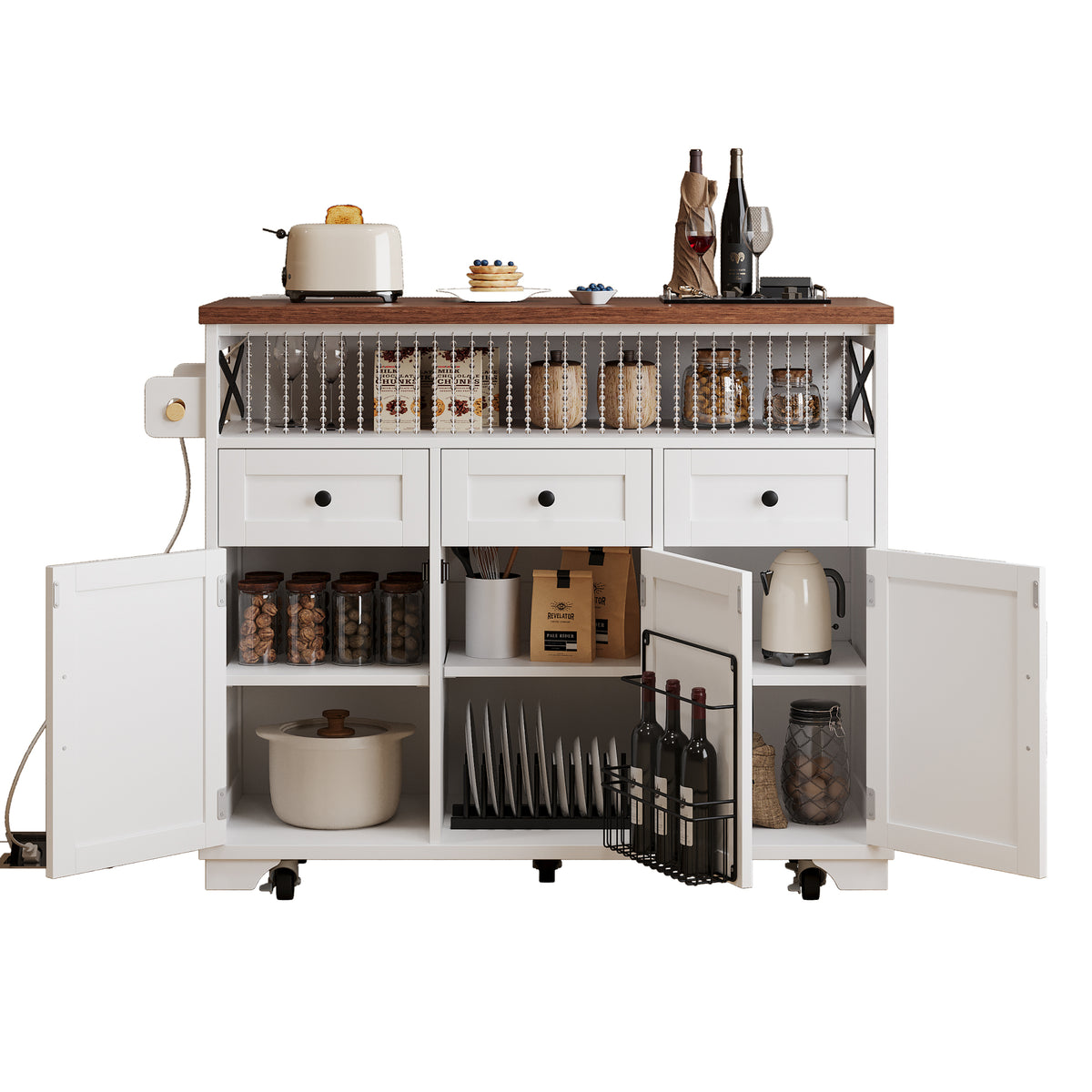 variant-group:rf-n707p254872w|Roomfitters 46.5" Rolling Kitchen Island with Drop Leaf, Mobile Cart with 2 AC Outlets & USB, Beaded Drape & 3 Drawers, White