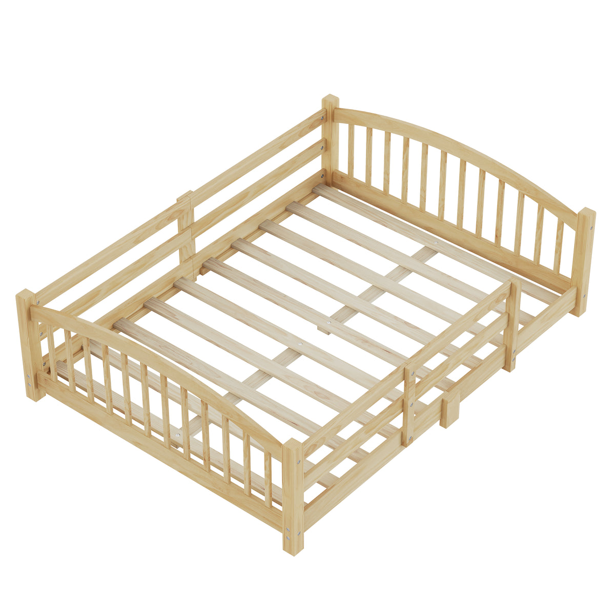 variant-group:rf-n733p400299n|Roomfitters Full Montessori Floor Bed with Guardrails, Solid Wood Low Platform Bed with Slats, Easy Assembly, Natural
