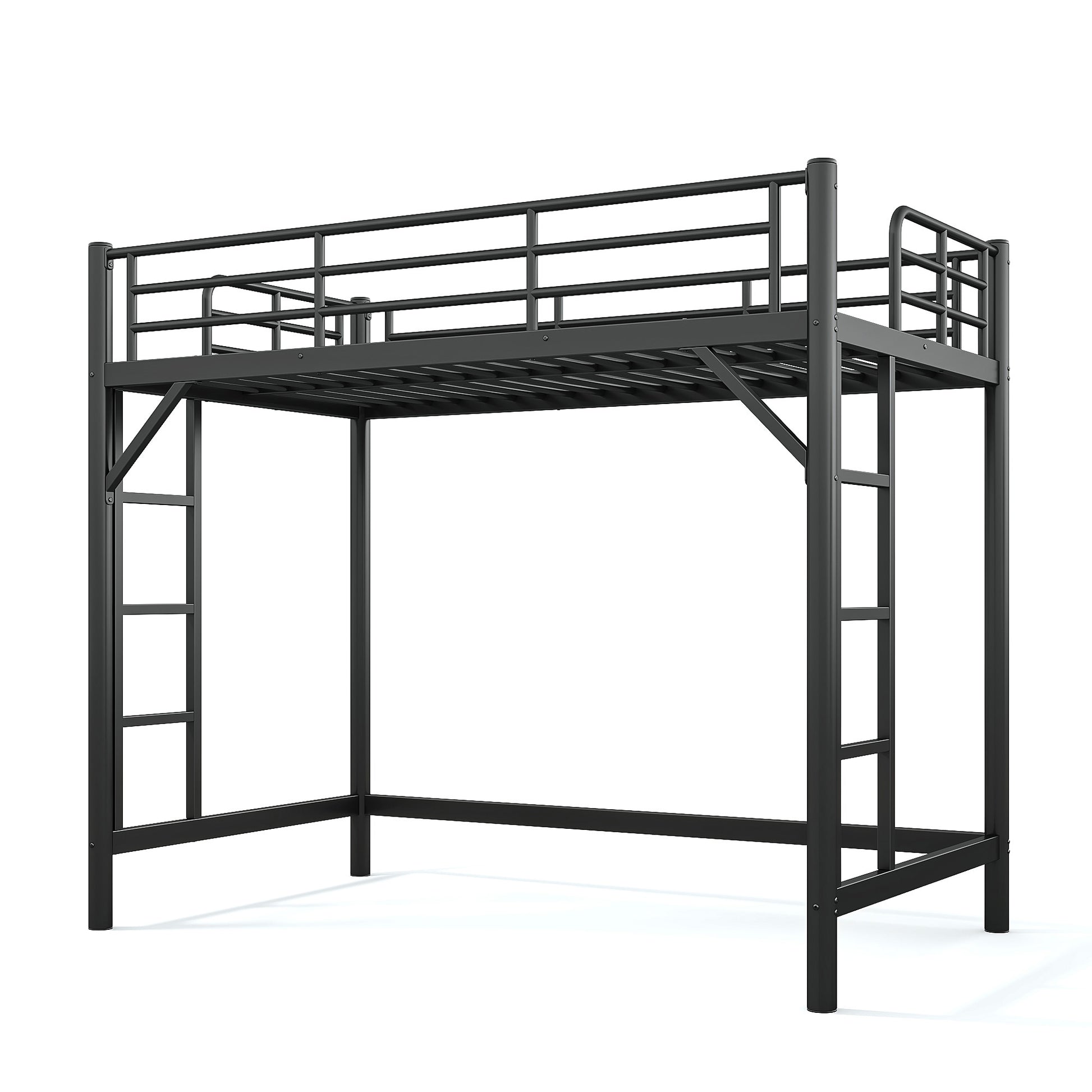variant-group:rf-w1580p455013|Roomfitters Twin XL Size Metal Loft Bed Frame with Guardrails, Heavy Duty Space Saving High Loft Bed Dual Ladders, Black