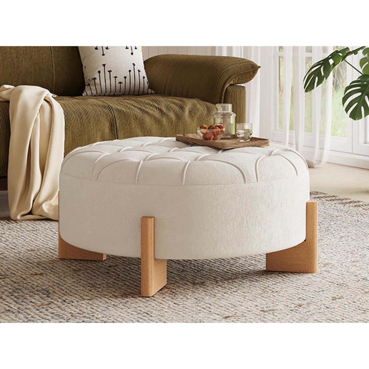 variant-group:rf-n723p405298a|Roomfitters 32 Inch Oversized Round Button-Tufted Ottoman, Upholstered Coffee Table Footrest with Wood Legs, Beige