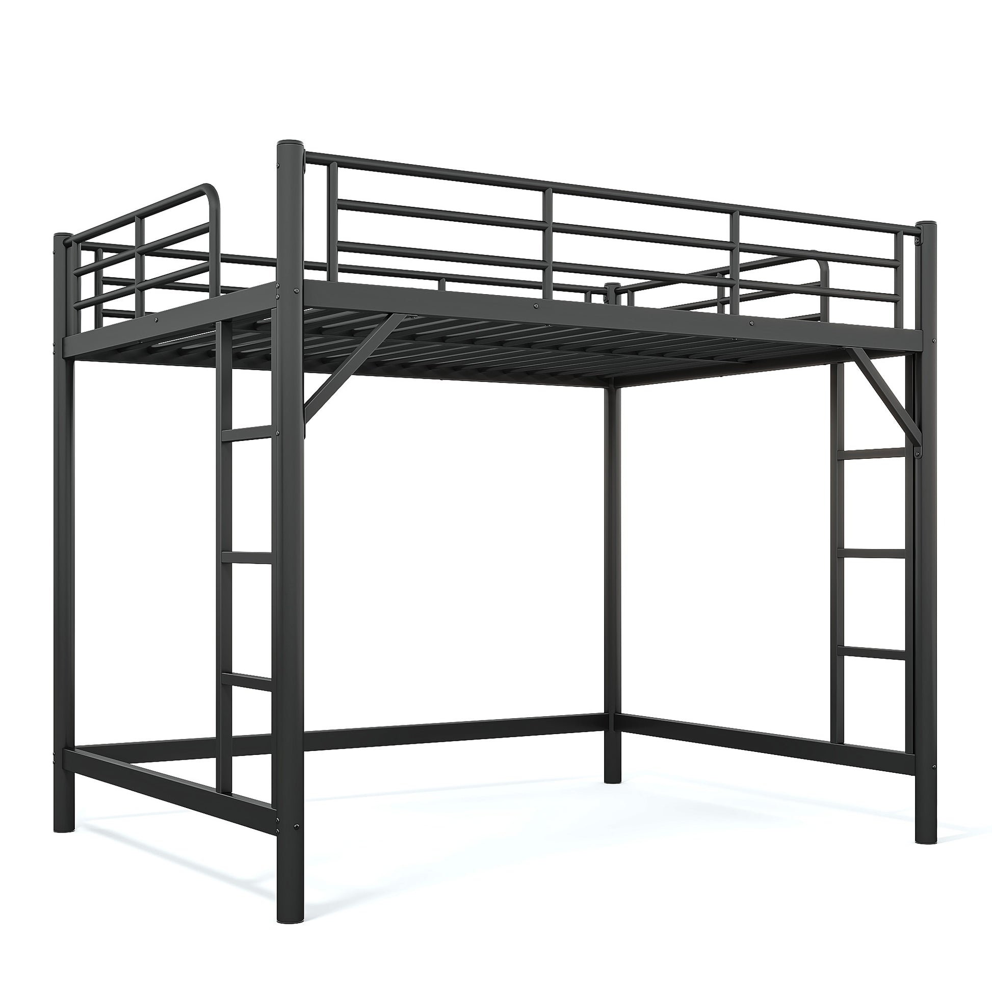 variant-group:rf-w1580p455017|Roomfitters Queen Size Metal Loft Bed Frame with Guardrails, Heavy Duty Space Saving High Loft Bed Dual Ladders, Black