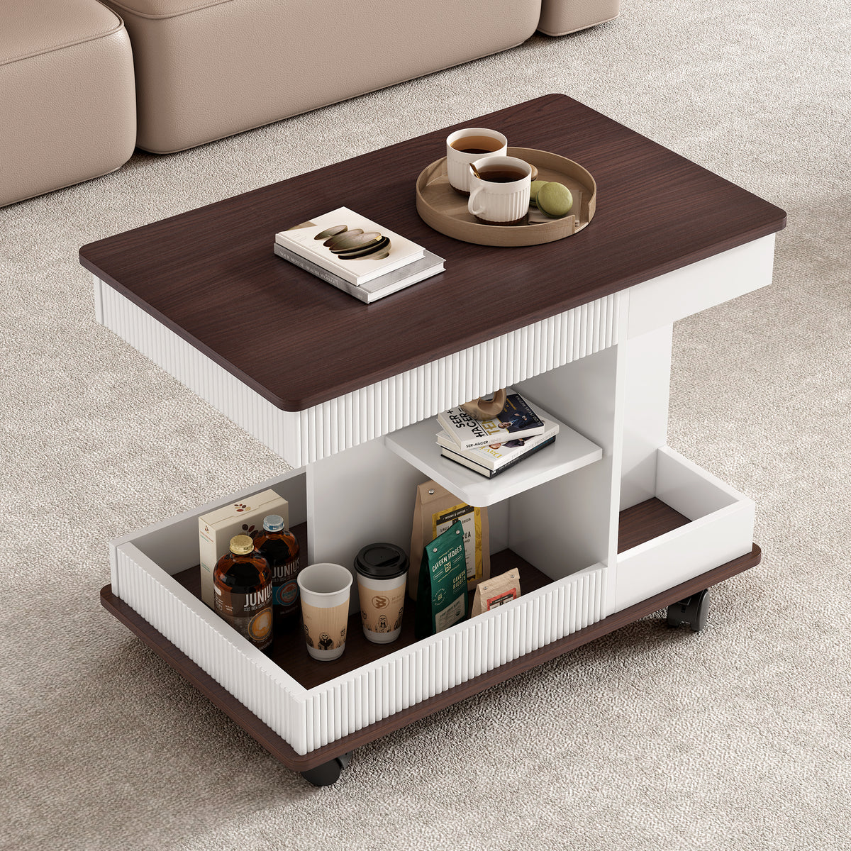 variant-group:rf-n724p292505k|Roomfitters Adjustable Sofa Side Table with Lift-Top, Rotating Surface and Storage on Wheels for Small Spaces, Brown