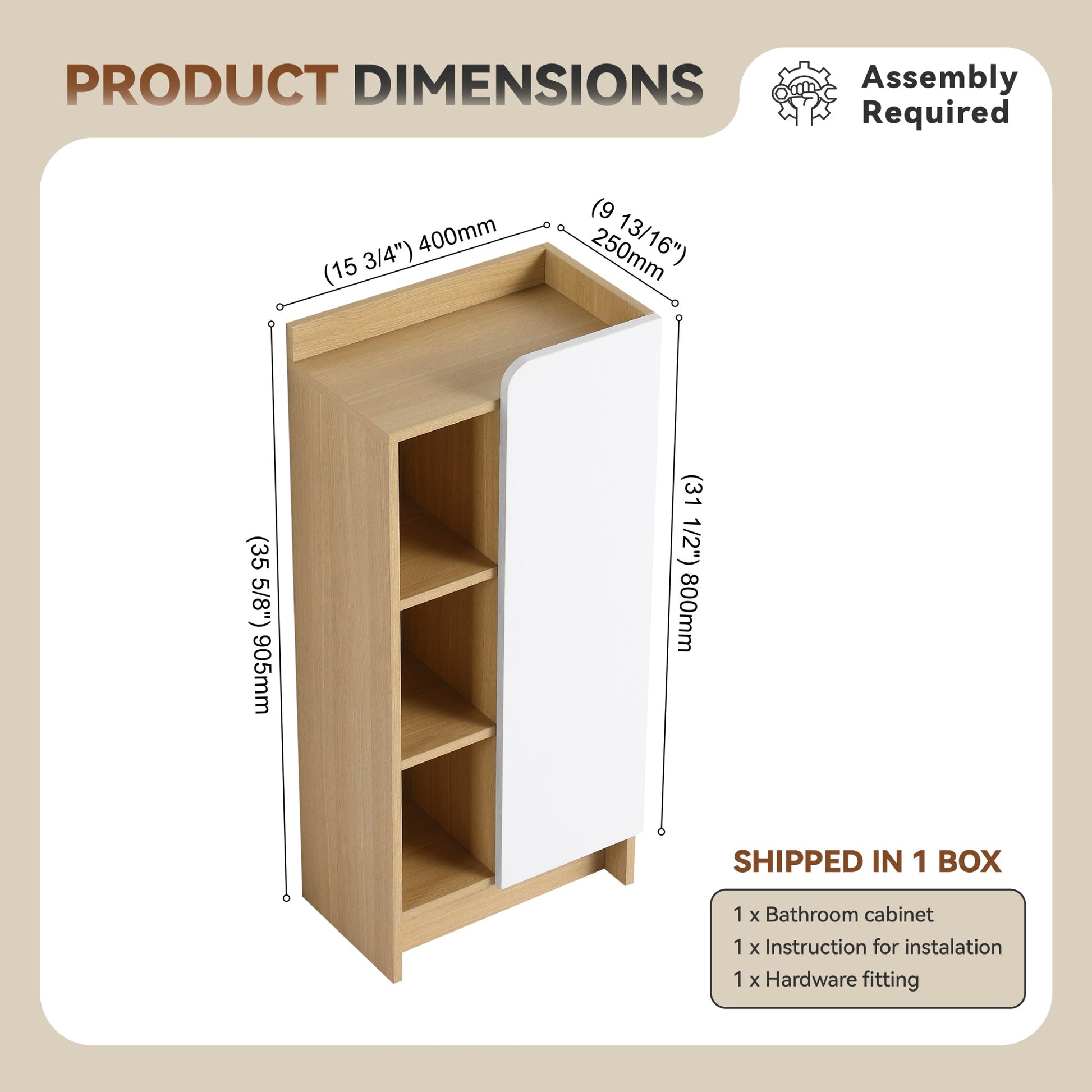 16" Medium Light Oak Freestanding Bathroom Side Cabinet, Narrow Storage Cabinet with Single Door & 3-Tier Open Shelves, KD (Ready-to-Assemble), Dual-Color Door Panels (White & Black), Plywood Construc Roomfitters