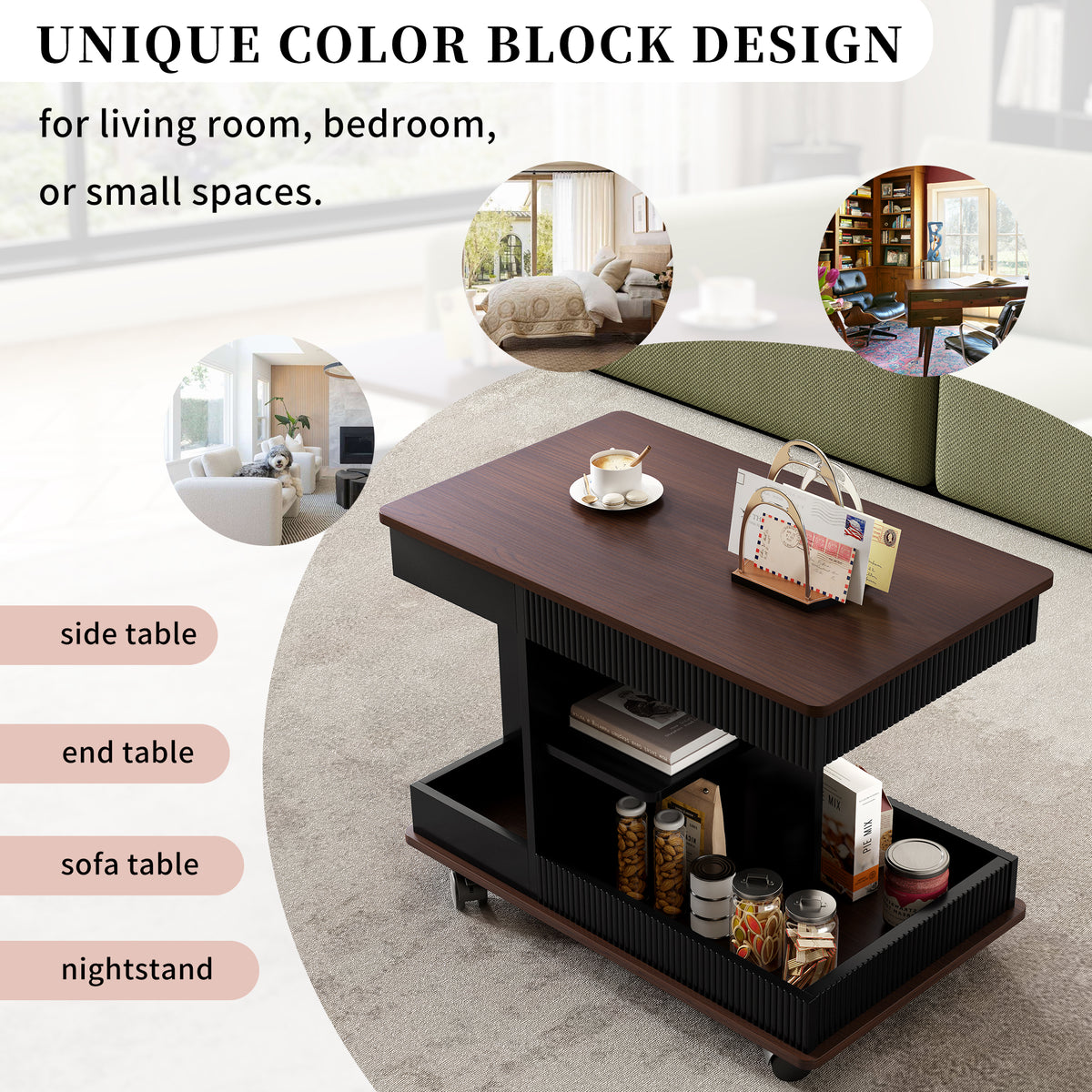 variant-group:rf-n724p292505b|Roomfitters Adjustable Sofa Side Table with Lift-Top, Rotating Surface and Storage on Wheels for Small Spaces, Black