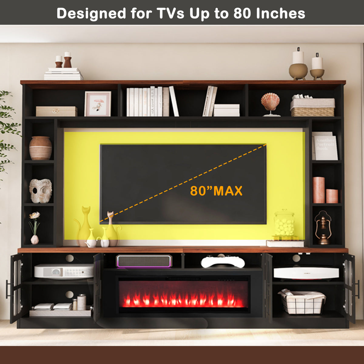variant-group:rf-n724sj000159aab|Roomfitters 95.5"W Large Wall Unit Entertainment Center, 39" LED Fireplace, Black & Brown