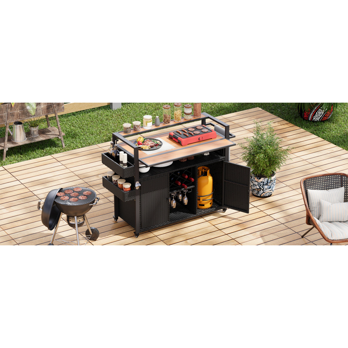 variant-group:rf-n707p233747b|Roomfitters 52.8" Wicker Outdoor Grill Cart with Plastic Wood Table, Rolling Island with Storage Cabinet, Double Handles, Black Brown