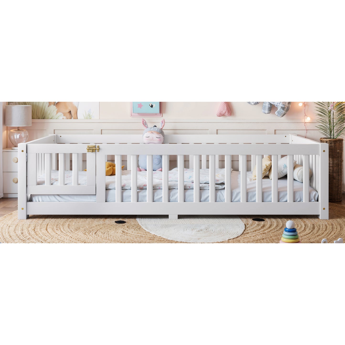variant-group:rf-w1580p462311|Roomfitters Twin Size Wooden Floor Bed Frame with Safety Guardrails Door, Solid Wood Low Profile Toddler Play Bed, White