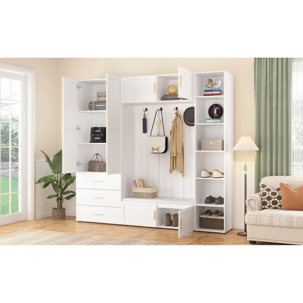 variant-group:rf-n724sj000167aak|Roomfitters American Style Extra-Wide Hall Tree with Padded Cushion Seat, Ancient White