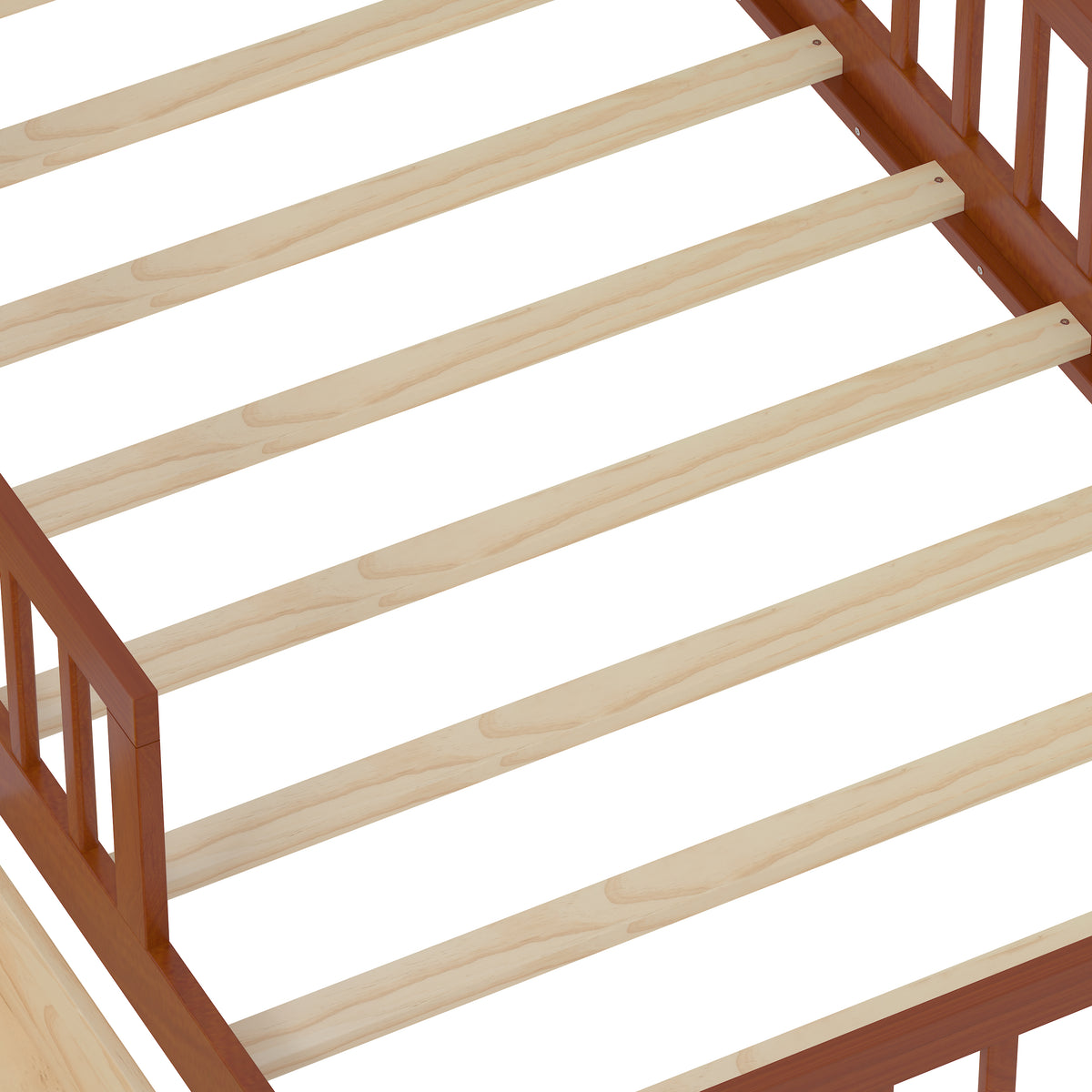 variant-group:rf-n733p272374d|Roomfitters Twin Bed with Headboard Storage Rack, Under-Bed Storage and Three-Side Guardrails, Walnut