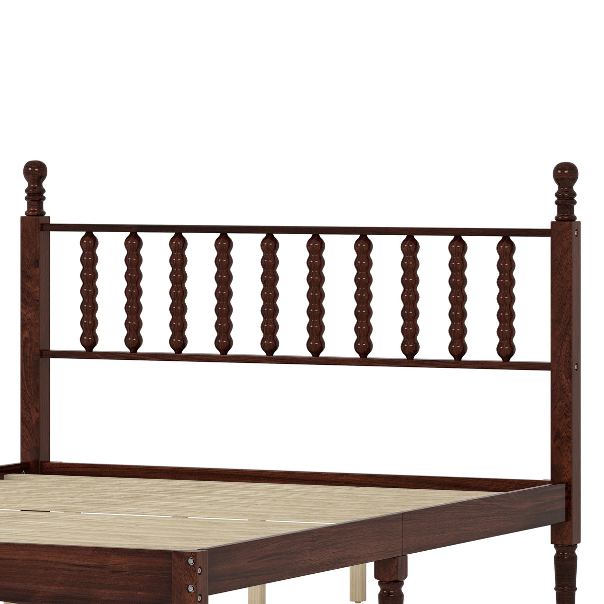 variant-group:rf-n733p206242d|Roomfitters Queen Size Wood Platform Bed with Gourd Shaped Headboard, Retro Style Platform Bed with Wooden Slat Support, Walnut