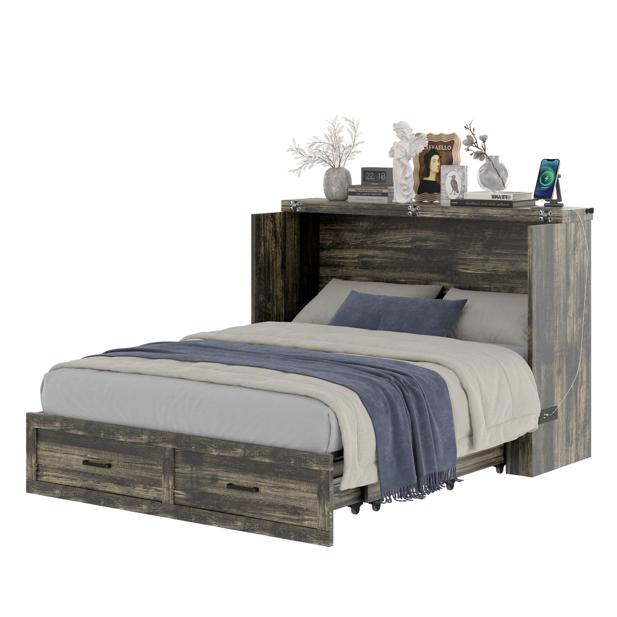 Roomfitters Queen Size Murphy Bed Cabinet with Charging Station, Foldable Platform Bed with Storage Drawer, Rustic Gray