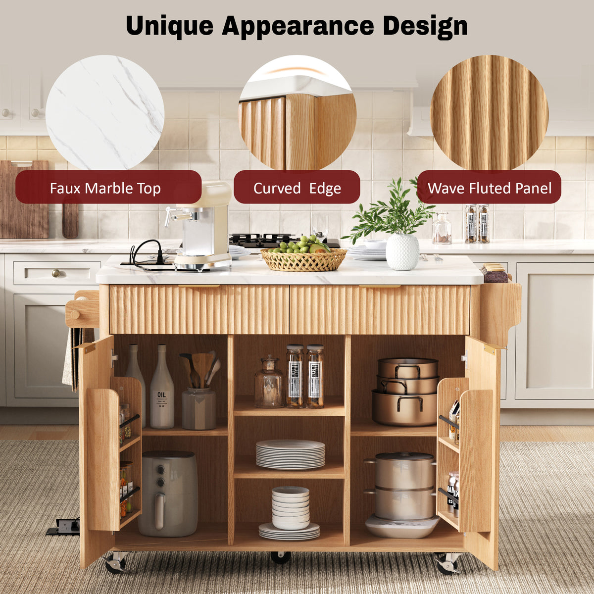variant-group:rf-n707s000019y|Roomfitters 52" Fluted Kitchen Island with Drop Leaf, Power Outlet & Faux Marble Top, Natural