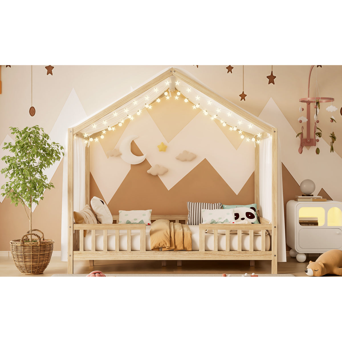 variant-group:rf-n733p356048m|Roomfitters Full Montessori Floor Bed with Canopy, House Shape Wood Frame with Safety Rails, Platform Bed, Natural