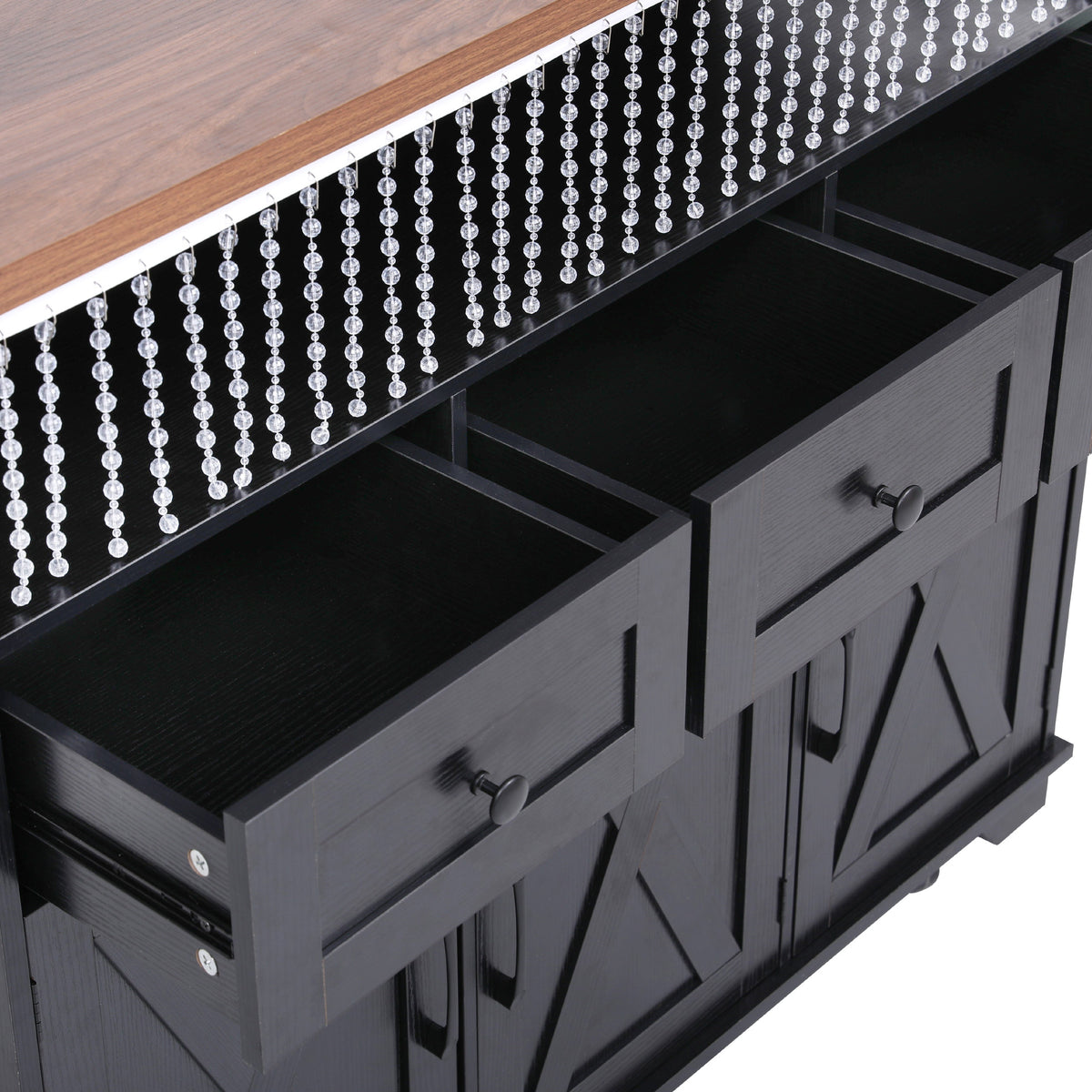variant-group:rf-n707p254872b|Roomfitters 46.5" Rolling Kitchen Island with Drop Leaf, Mobile Cart with 2 AC Outlets & USB, Beaded Drape & 3 Drawers, Black