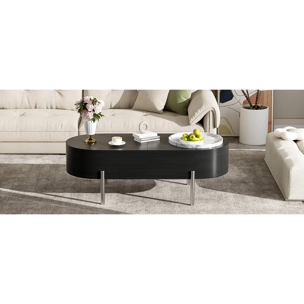 variant-group:rf-n724p228920b|Roomfitters Lift Top Oval Coffee Table with Rotating Marble Tray and Hidden Compartment, Black
